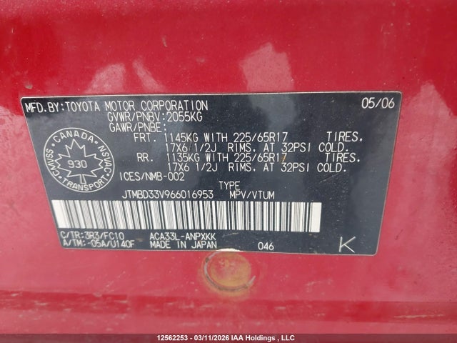 Продаж на аукціоні авто 2006 Toyota Rav4, vin: JTMBD33V966016953, номер лоту: 12562253