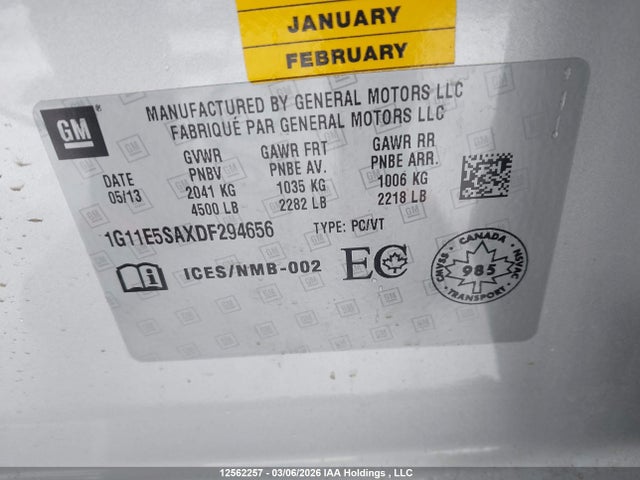 12562257 :رقم المزاد ، 1G11E5SAXDF294656 vin ، 2013 Chevrolet Malibu 2lt مزاد بيع