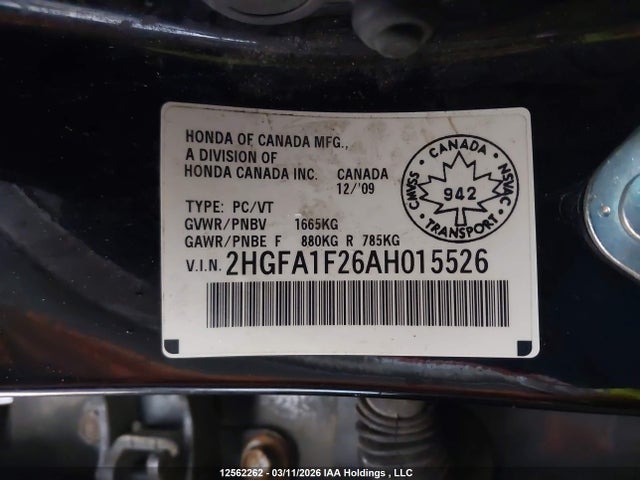 12562262 :رقم المزاد ، 2HGFA1F26AH015526 vin ، 2010 Honda Civic Dx/dx-a مزاد بيع
