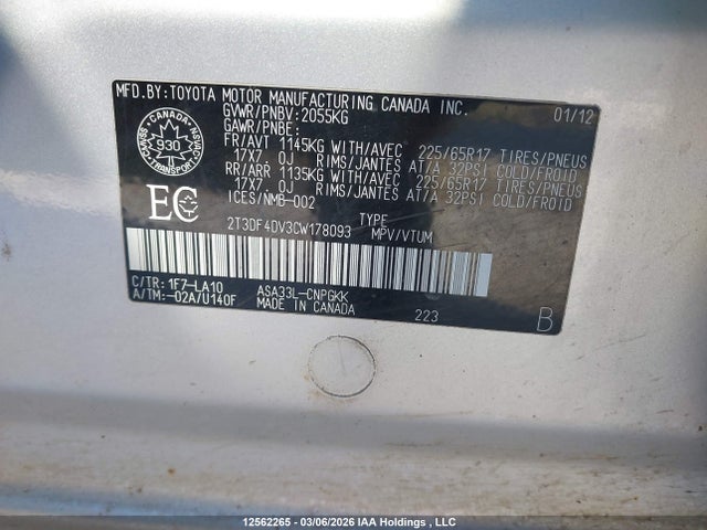 Aukcja sprzedaży 2012 Toyota Rav4 Limited, vin: 2T3DF4DV3CW178093, numer aukcji: 12562265