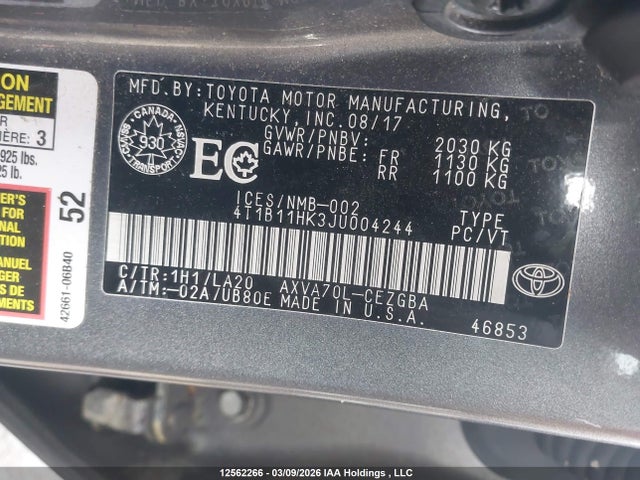4T1B11HK3JU004244 Toyota CAMRY XLE
