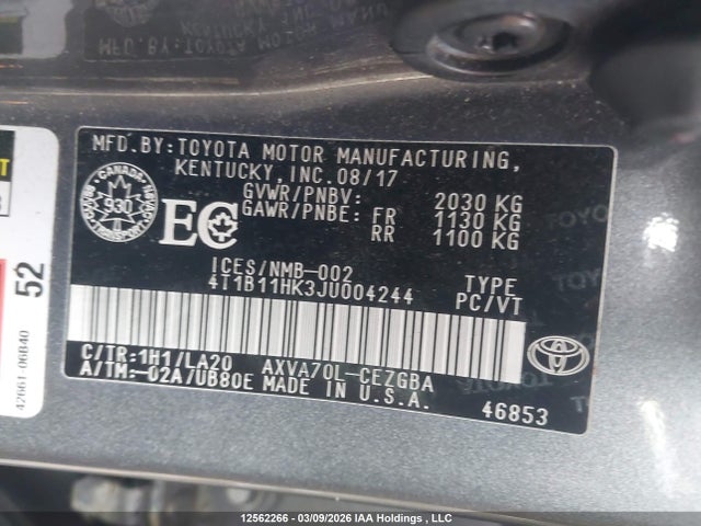 4T1B11HK3JU004244 Toyota CAMRY XLE