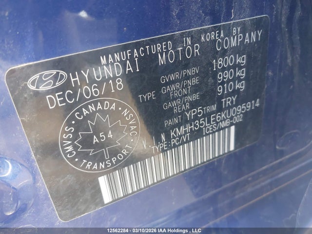 Aukcja sprzedaży 2019 Hyundai Elantra Gt Preferred, vin: KMHH35LE6KU095914, numer aukcji: 12562284