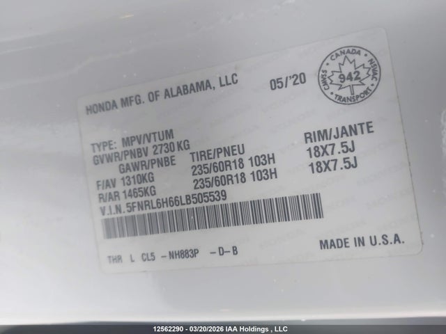 Продаж на аукціоні авто 2020 Honda Odyssey Exl, vin: 5FNRL6H66LB505539, номер лоту: 12562290