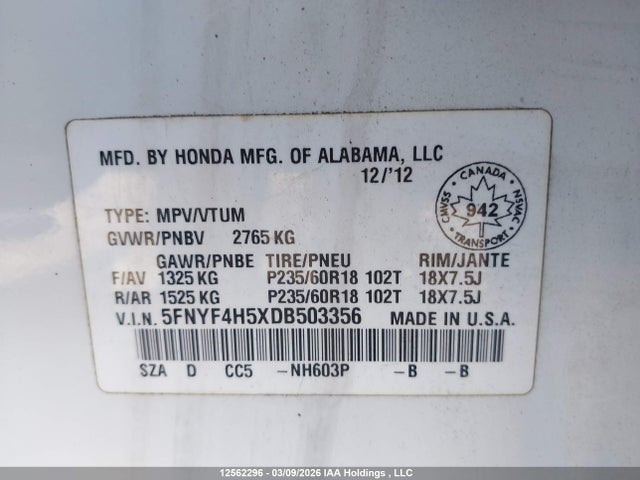 Продажа на аукционе авто 2013 Honda Pilot Exl, vin: 5FNYF4H5XDB503356, номер лота: 12562296