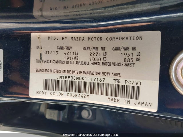 Aukcja sprzedaży 2019 Mazda 3 Preferred Plus, vin: JM1BPBCM0K1117167, numer aukcji: 12562298
