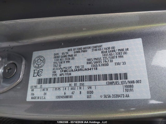1FMCU9JA9RUA94118 Ford Escape Platinum
