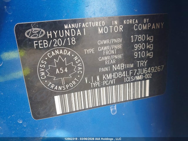 KMHD84LF7JU649267 Hyundai Elantra Gl Se
