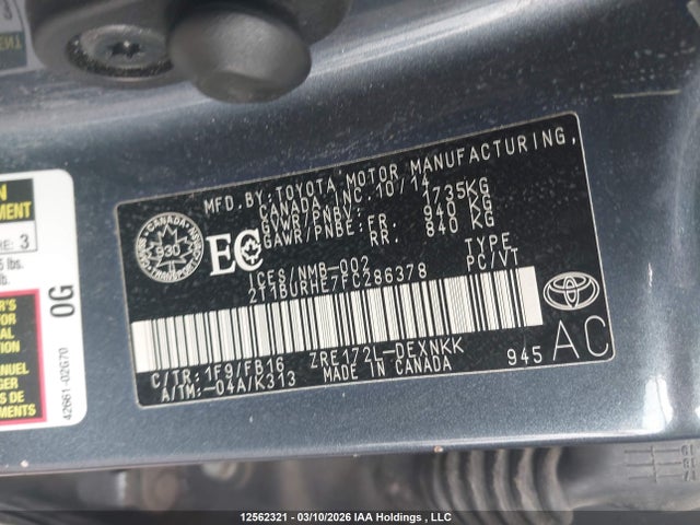 2T1BURHE7FC286378 Toyota Corolla L/le/le Pls/prm/s/s Pls