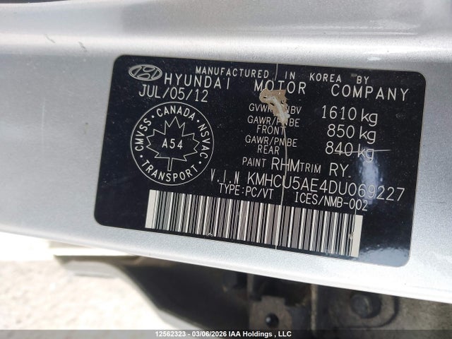 12562323 :رقم المزاد ، KMHCU5AE4DU069227 vin ، 2013 Hyundai Accent مزاد بيع