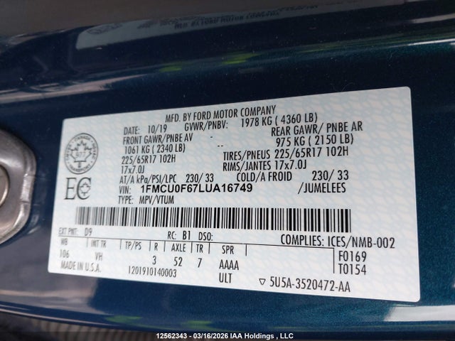 2020 Ford Escape S მანქანა იყიდება აუქციონზე, vin: 1FMCU0F67LUA16749, აუქციონის ნომერი: 12562343