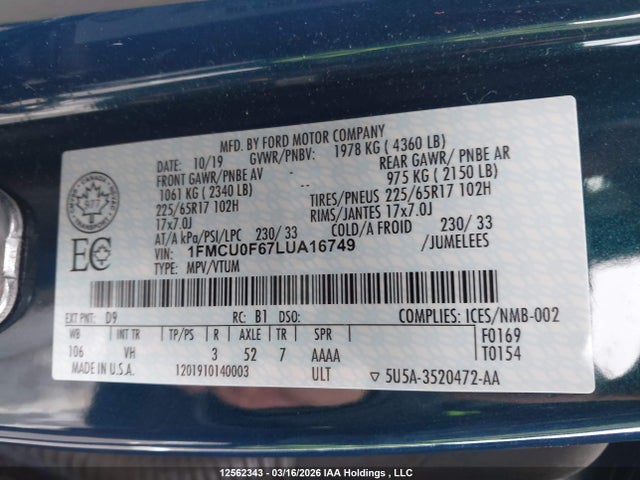 2020 Ford Escape S მანქანა იყიდება აუქციონზე, vin: 1FMCU0F67LUA16749, აუქციონის ნომერი: 12562343