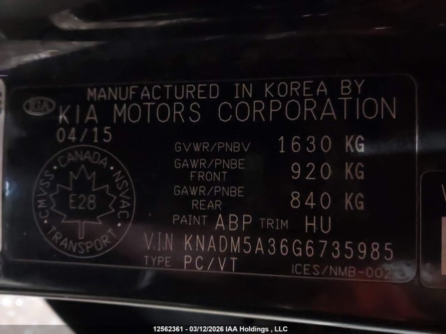 KNADM5A36G6735985 KIA Rio Ex/ex+ W/sunroof/lx/lx+/lx+ Eco/sx
