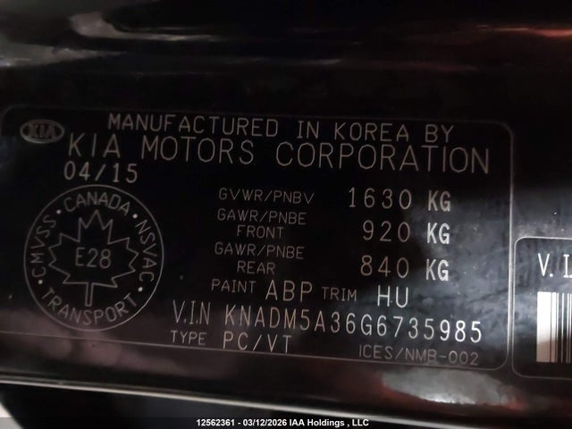 KNADM5A36G6735985 KIA Rio Ex/ex+ W/sunroof/lx/lx+/lx+ Eco/sx