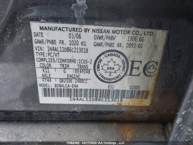 2006 Nissan Altima S/sl მანქანა იყიდება აუქციონზე, vin: 1N4AL11D86C213018, აუქციონის ნომერი: 12562365