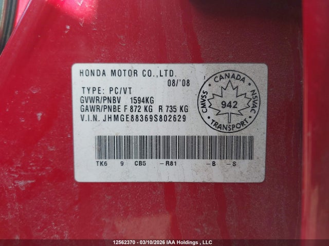2009 Honda Fit მანქანა იყიდება აუქციონზე, vin: JHMGE88369S802629, აუქციონის ნომერი: 12562370