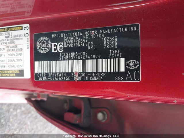 Aukcja sprzedaży 2007 Toyota Corolla, vin: 2T1BR32E07C741824, numer aukcji: 12562375
