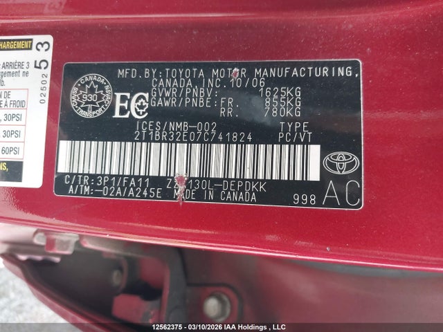 Aukcja sprzedaży 2007 Toyota Corolla, vin: 2T1BR32E07C741824, numer aukcji: 12562375