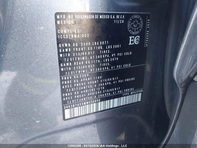 3VV2B7AX5MM038898 Volkswagen Tiguan Se/se R-line Black/sel