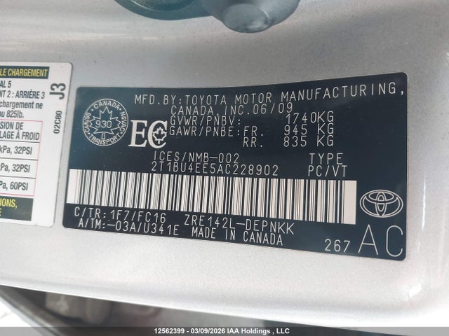 12562399 :رقم المزاد ، 2T1BU4EE5AC228902 vin ، 2010 Toyota Corolla مزاد بيع