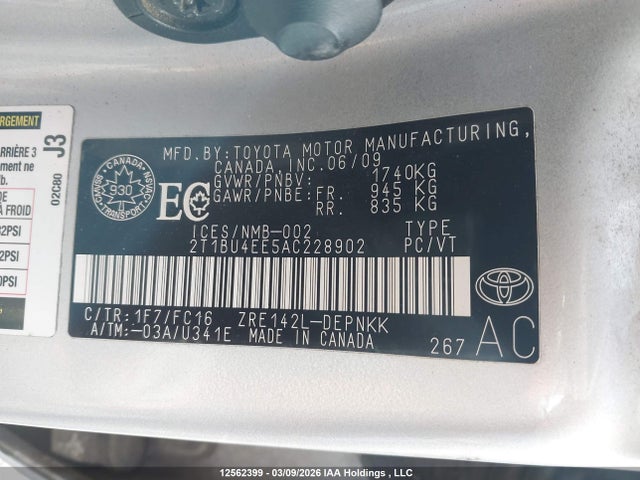 12562399 :رقم المزاد ، 2T1BU4EE5AC228902 vin ، 2010 Toyota Corolla مزاد بيع