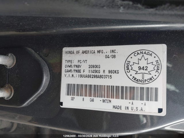 2008 Acura Tl მანქანა იყიდება აუქციონზე, vin: 19UUA66298A803715, აუქციონის ნომერი: 12562400