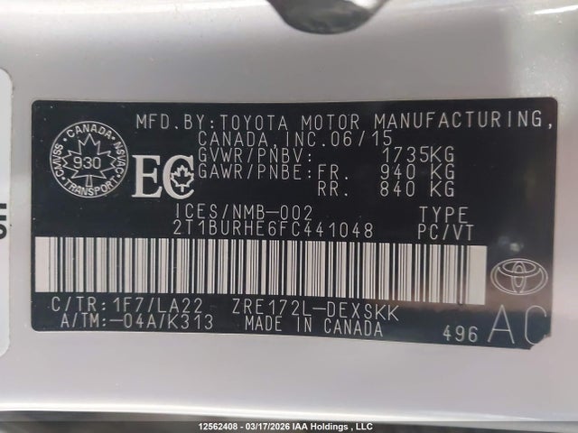 Aukcja sprzedaży 2015 Toyota Corolla, vin: 2T1BURHE6FC441048, numer aukcji: 12562408