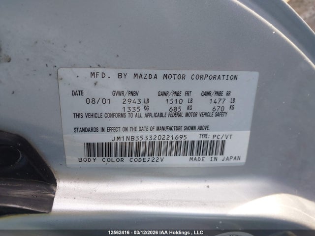 Продаж на аукціоні авто 2002 Mazda Mx-5 Miata Ls, vin: JM1NB353320221695, номер лоту: 12562416