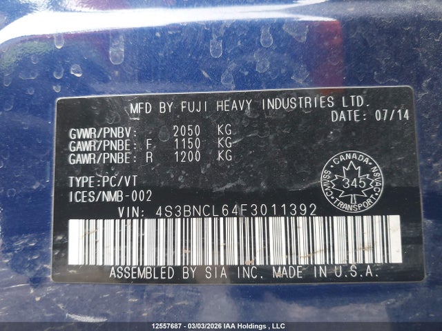 Auction sale of the 2015 Subaru Legacy 2.5i Limited Package, vin: 4S3BNCL64F3011392, lot number: 12557687