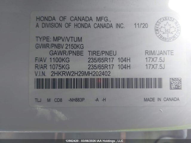 Honda CR-V LX 2021 2HKRW2H29MH202402 Image 9