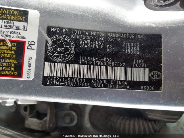 2016 Toyota Camry მანქანა იყიდება აუქციონზე, vin: 4T1BF1FK6GU587552, აუქციონის ნომერი: 12562427