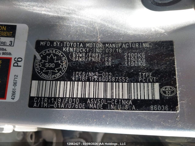2016 Toyota Camry მანქანა იყიდება აუქციონზე, vin: 4T1BF1FK6GU587552, აუქციონის ნომერი: 12562427