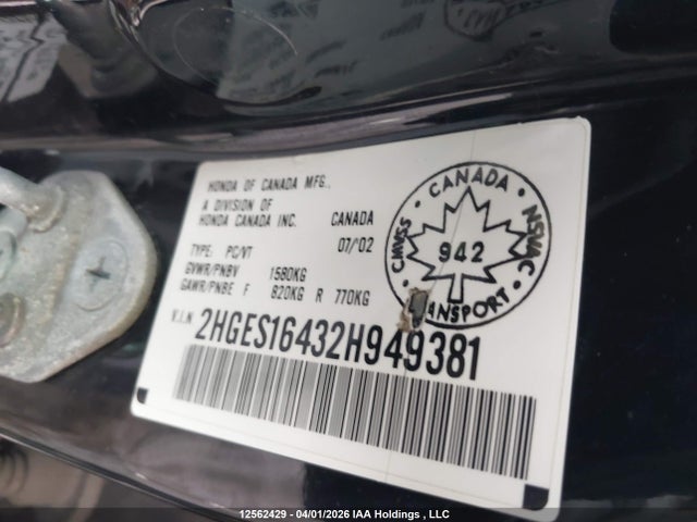 Aukcja sprzedaży 2002 Honda Civic Dx/dx-g, vin: 2HGES16432H949381, numer aukcji: 12562429