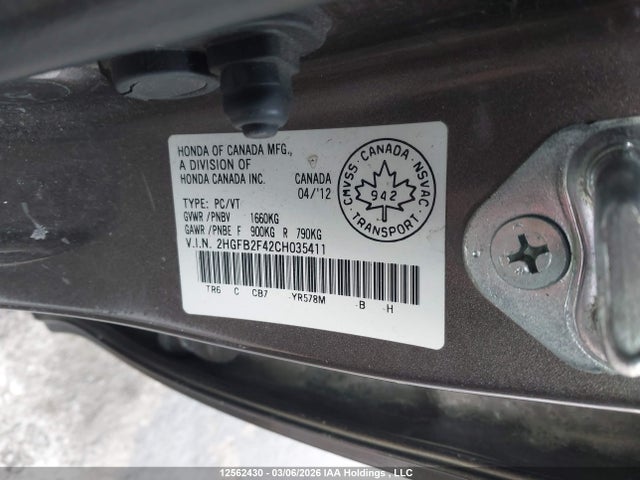 12562430 :رقم المزاد ، 2HGFB2F42CH035411 vin ، 2012 Honda Civic Lx مزاد بيع