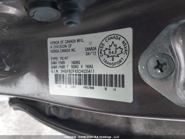 12562430 :رقم المزاد ، 2HGFB2F42CH035411 vin ، 2012 Honda Civic Lx مزاد بيع