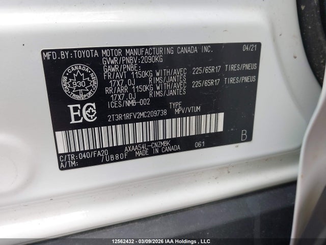 Aukcja sprzedaży 2021 Toyota Rav4, vin: 2T3R1RFV2MC209738, numer aukcji: 12562432