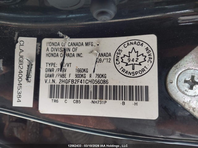 Продаж на аукціоні авто 2012 Honda Civic Lx, vin: 2HGFB2F41CH056086, номер лоту: 12562433