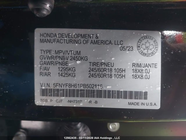 12562435 :رقم المزاد ، 5FNYF8H61PB502116 vin ، 2023 Honda Passport مزاد بيع