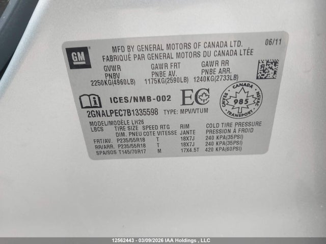 Продаж на аукціоні авто 2011 Chevrolet Equinox, vin: 2GNALPEC7B1335598, номер лоту: 12562443