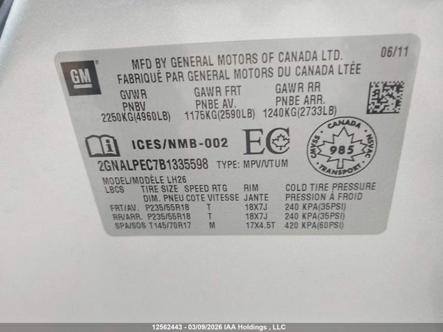 Продаж на аукціоні авто 2011 Chevrolet Equinox, vin: 2GNALPEC7B1335598, номер лоту: 12562443
