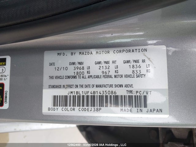 12562450 :رقم المزاد ، JM1BL1UF4B1435086 vin ، 2011 Mazda Mazda3 Gx مزاد بيع
