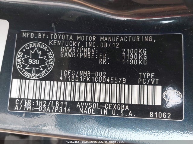 12562454 :رقم المزاد ، 4T1BD1FK1CU045579 vin ، 2012 Toyota Camry Hybrid/le/xle مزاد بيع