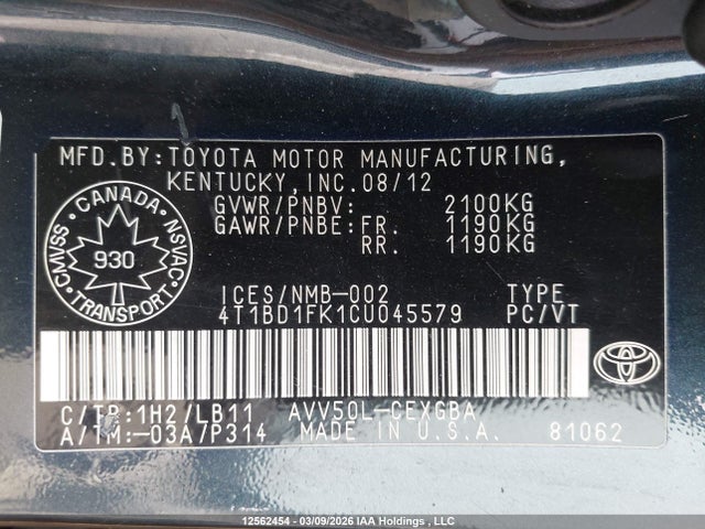 12562454 :رقم المزاد ، 4T1BD1FK1CU045579 vin ، 2012 Toyota Camry Hybrid/le/xle مزاد بيع