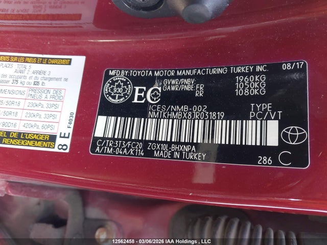 Aukcja sprzedaży 2018 Toyota C-hr Xle, vin: NMTKHMBX8JR031819, numer aukcji: 12562458