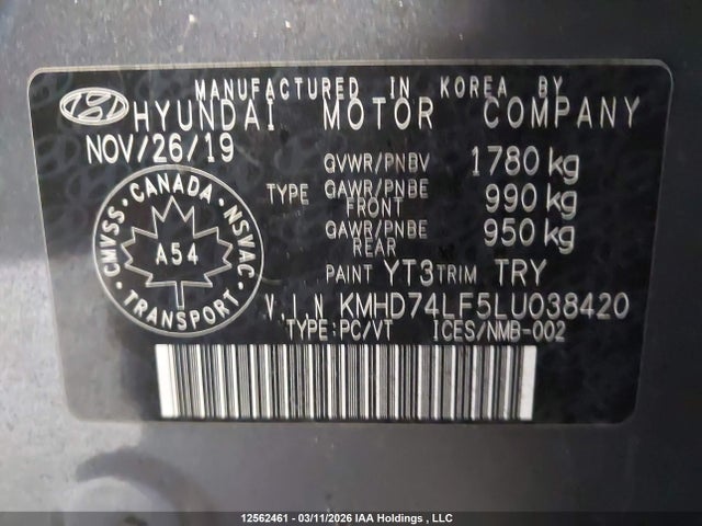 12562461 :رقم المزاد ، KMHD74LF5LU038420 vin ، 2020 Hyundai Elantra مزاد بيع