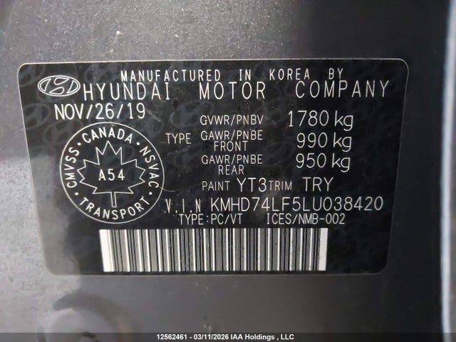 12562461 :رقم المزاد ، KMHD74LF5LU038420 vin ، 2020 Hyundai Elantra مزاد بيع