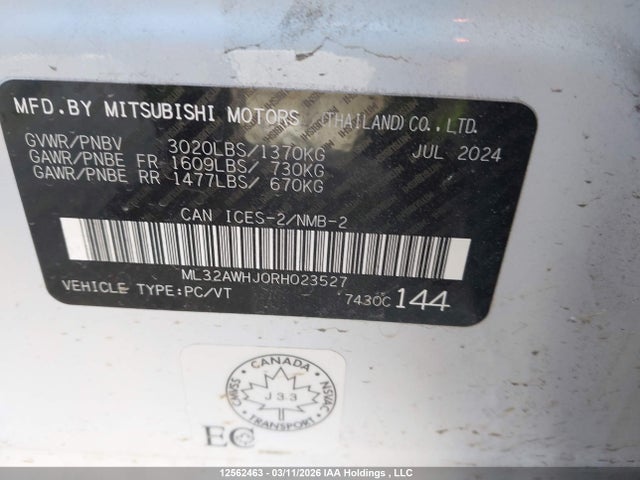 12562463 :رقم المزاد ، ML32AWHJ0RH023527 vin ، 2024 Mitsubishi Mirage Se/black Edition/ralliart مزاد بيع