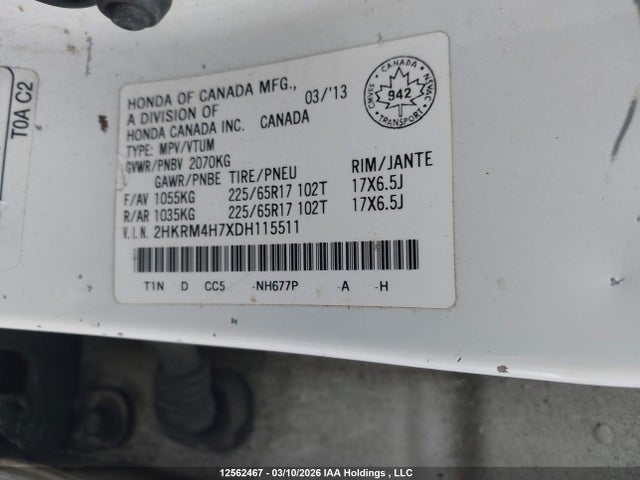 Aukcja sprzedaży 2013 Honda Cr-v Exl, vin: 2HKRM4H7XDH115511, numer aukcji: 12562467