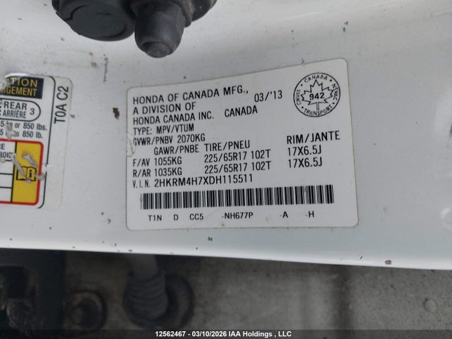 Aukcja sprzedaży 2013 Honda Cr-v Exl, vin: 2HKRM4H7XDH115511, numer aukcji: 12562467