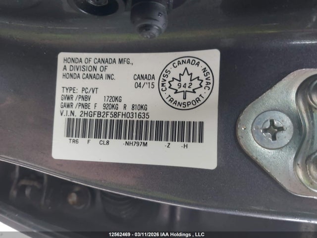 12562469 :رقم المزاد ، 2HGFB2F58FH031635 vin ، 2015 Honda Civic Ex مزاد بيع